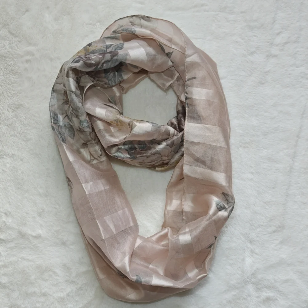 Art Of The Scarf Italian Tie Rack Scarf Womens Floral Pink Beige Satin Polyester